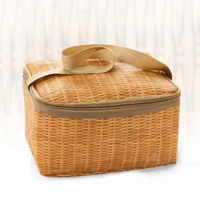 Portable Wicker Rattan Outdoor Camping Picnic Bag Food Container Basket for Indoor Household Camping Aluminum Film Home Storage