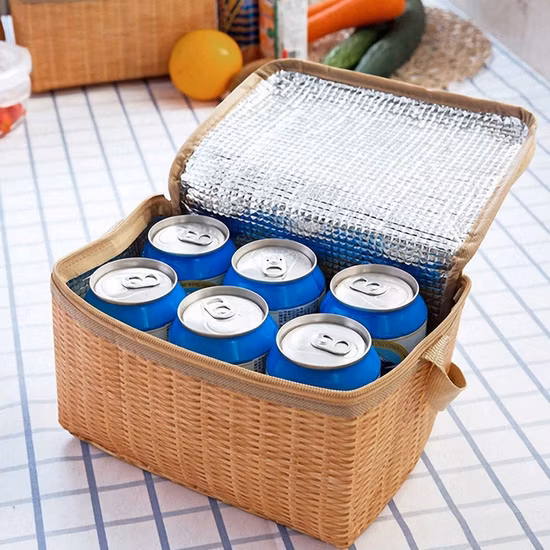 Portable Wicker Rattan Outdoor Camping Picnic Bag Food Container Basket for Indoor Household Camping Aluminum Film Home Storage